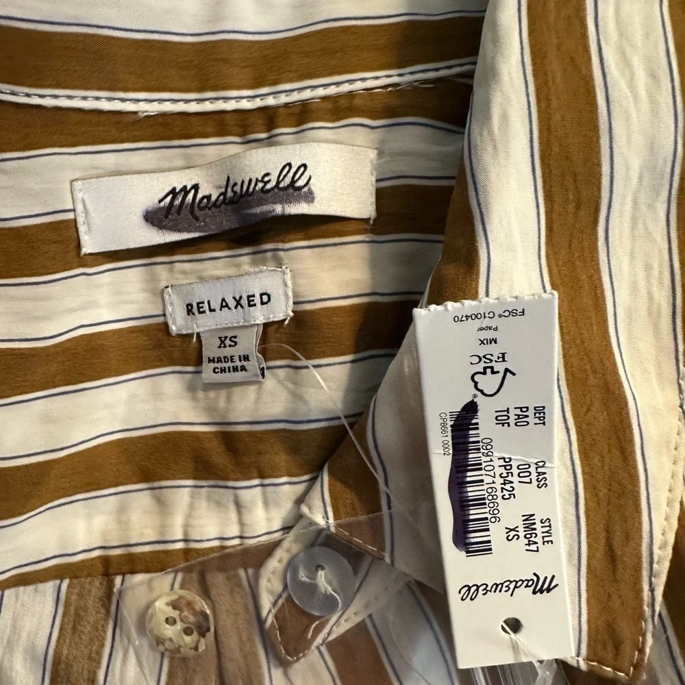 Madewell Crinkled Button Up Shirt Toffee Brown Striped XS - Picture 7 of 10